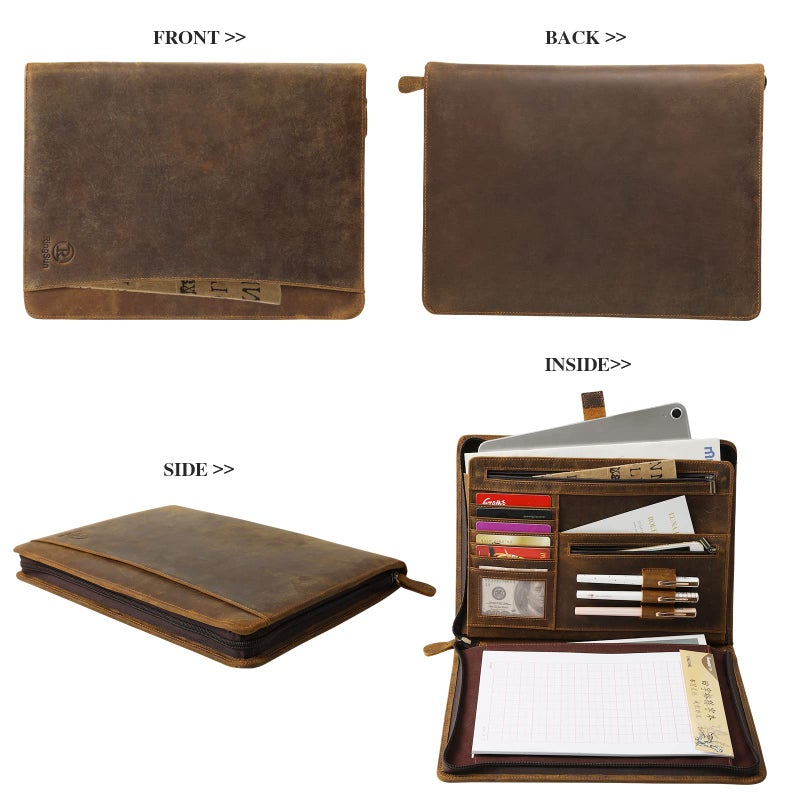 Ringsun Leather Portfolio Organizer with Zipper for Men Women  Leather Padfolio Business Resume Legal Pad Portfolio Notebook Binder for A4/Pad  Leather Folio Leather Folder  Brown - Image 3